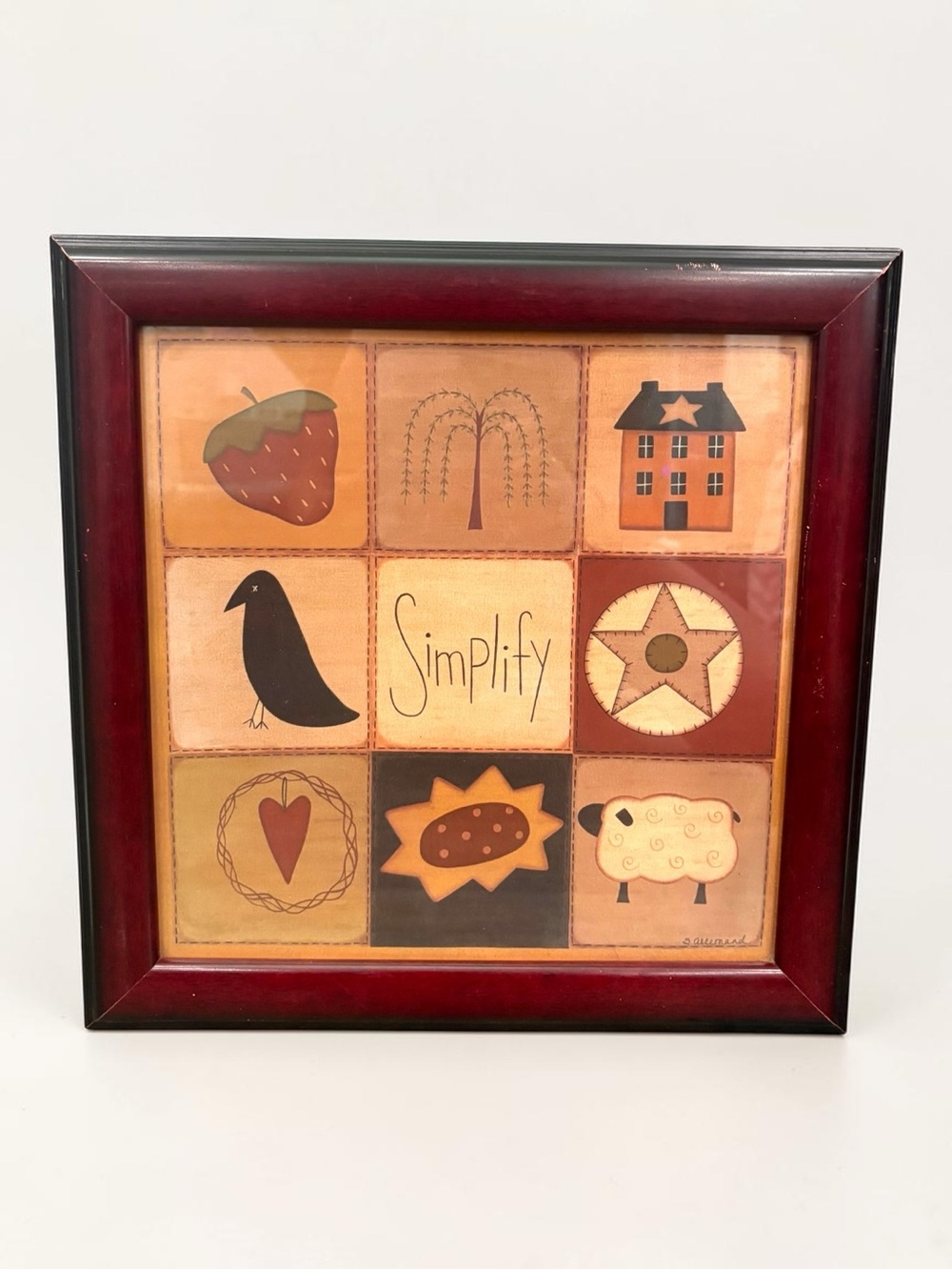 Vintage 1990s Susan Allemand Wood Framed Primitive Folk Print 14” X 14” Cottage